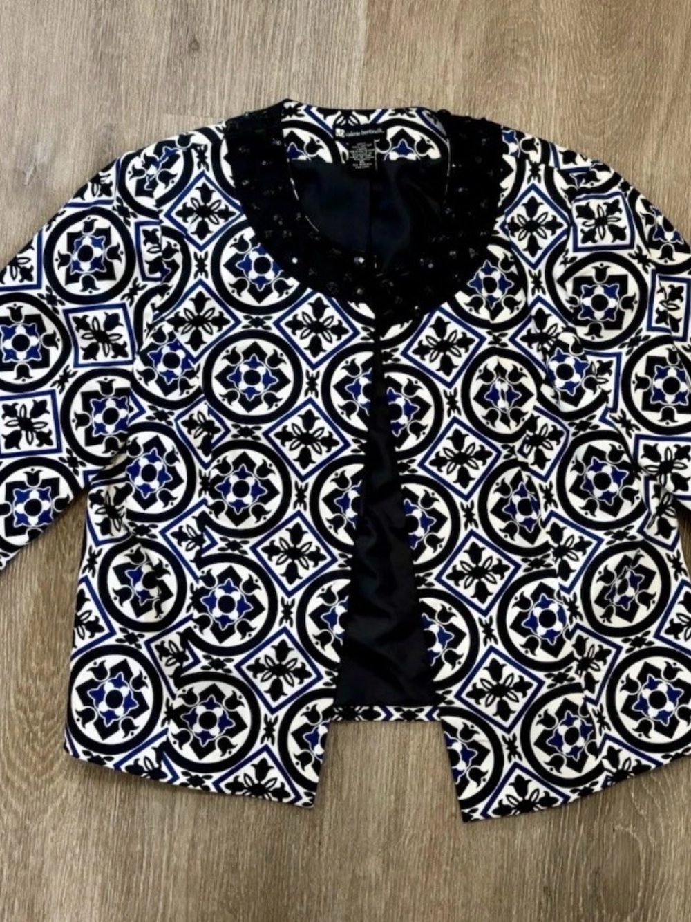 Valerie Bertinelli Black White & Blue Patterned Embellished Collar Jacket